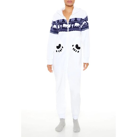 Derek heart Hooded Polar Bear women L Fair Isle Jumpsuit - White& navy winter - Picture 1 of 14